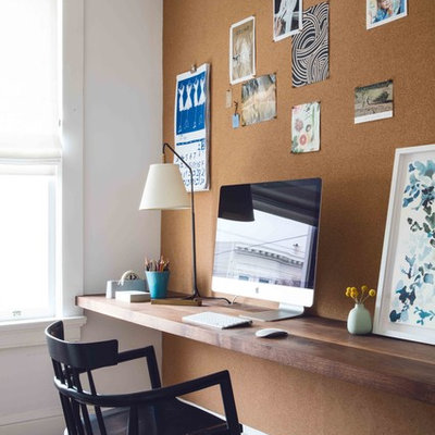 Inspiration for a small transitional built-in desk study room remodel in San Francisco with no fireplace