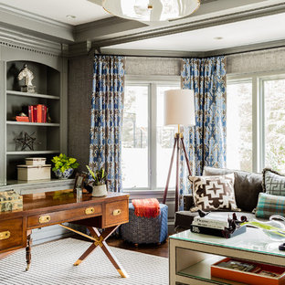 Transitional freestanding desk study room photo in San Francisco with gray walls