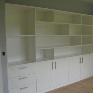 Inspiration för stora moderna hemmabibliotek, med blå väggar, ljust trägolv och rosa golv