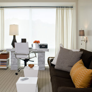 Inspiration for a mid-sized contemporary freestanding desk carpeted study room remodel in Boston with white walls and no fireplace