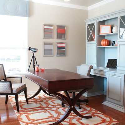 Inspiration for a small contemporary freestanding desk dark wood floor study room remodel in Dallas with beige walls and no fireplace
