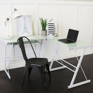 Contemporary Modern Metal and Glass L-Shaped Corner Home Office Computer Desk