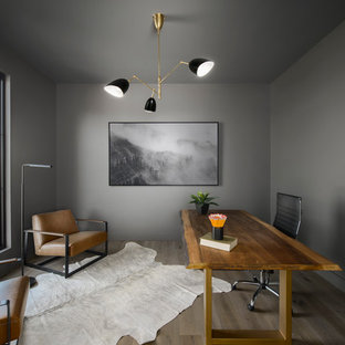 Inspiration for a contemporary freestanding desk dark wood floor and brown floor study room remodel in Wichita with gray walls and no fireplace
