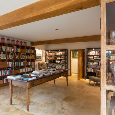 Cottage freestanding desk beige floor home office library photo in Other with white walls