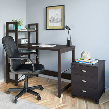 Corliving Folio 3-Piece Black Espresso Desk, Cabinet And Office Chair Set