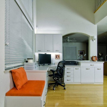 Corner Space Custom Designed White Home Office with Orange side bench
