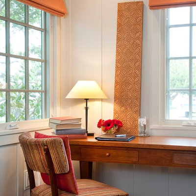 Study room - mid-sized traditional freestanding desk dark wood floor and brown floor study room idea in San Diego with white walls and no fireplace