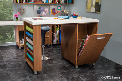 Example of a large trendy freestanding desk laminate floor and gray floor craft room design in Other with gray walls