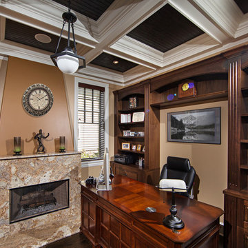 Custom Home Office Library With Fireplace & Coffered Ceiling