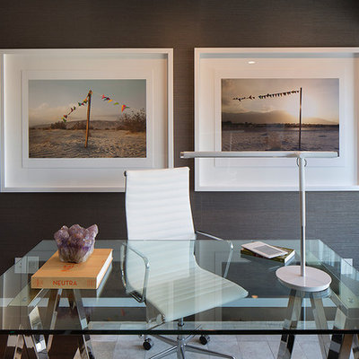 Mid-sized trendy freestanding desk dark wood floor study room photo in San Francisco with gray walls