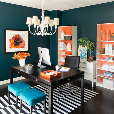 Study room - small transitional freestanding desk dark wood floor study room idea in Denver with blue walls and no fireplace