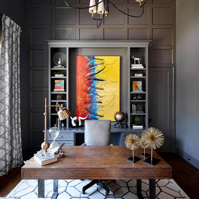 Large transitional freestanding desk dark wood floor and brown floor study room photo in Dallas with gray walls and no fireplace
