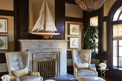 Inspiration for a coastal study room remodel in Miami with beige walls and a standard fireplace