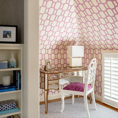 Small transitional freestanding desk carpeted study room photo in San Francisco with multicolored walls