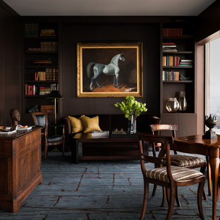 Idées déco pour un bureau contemporain avec un mur marron, moquette, un bureau indépendant et un sol bleu.