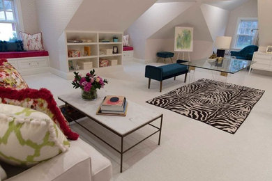 Mid-sized transitional built-in desk carpeted and white floor study room photo in New York with beige walls