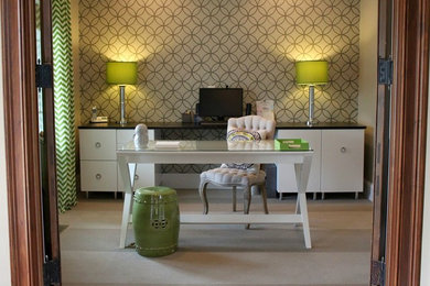 Example of a transitional freestanding desk carpeted home office design in Atlanta with gray walls and no fireplace
