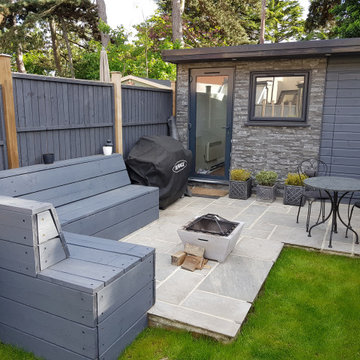 Indian Sandstone patio area and summer house/ office/ shed