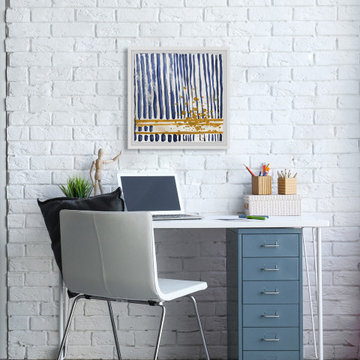 "Golden Blue Stripes" Framed Painting Print