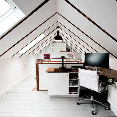 Mid-sized transitional built-in desk painted wood floor and gray floor study room photo in Bridgeport with white walls and no fireplace