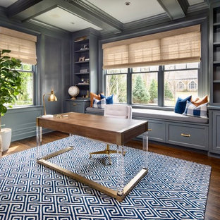 Study room - coastal freestanding desk dark wood floor study room idea in New York with gray walls and no fireplace