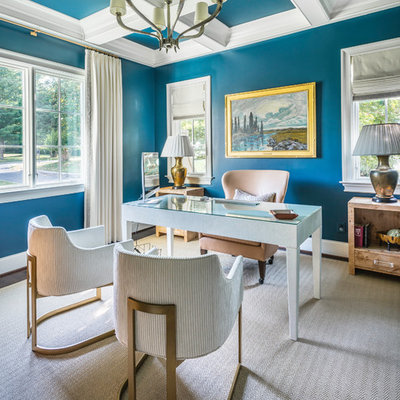 Example of a classic freestanding desk study room design in Nashville with blue walls and no fireplace