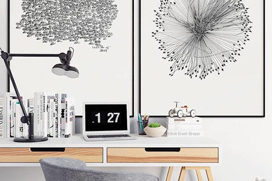 Modelo de despacho minimalista pequeño sin chimenea con paredes blancas y escritorio independiente