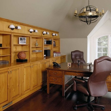 Home Office with Knotty Pine Raised Panel Cabinetry and Clipped Ceilings