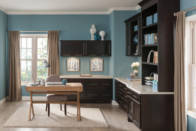 Example of a mid-sized trendy freestanding desk light wood floor study room design in Detroit with blue walls and no fireplace