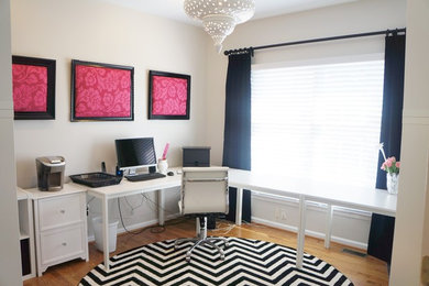 Study room - large contemporary freestanding desk light wood floor and brown floor study room idea in Philadelphia with white walls and no fireplace