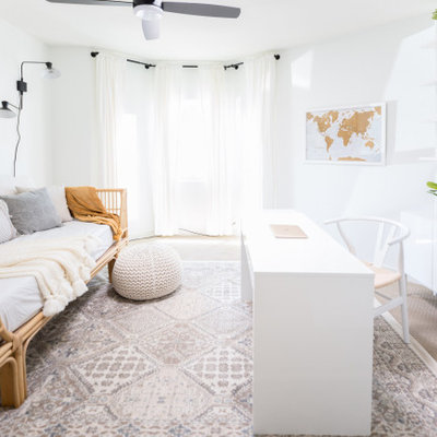Home office - mid-sized country freestanding desk carpeted and beige floor home office idea in Phoenix with white walls