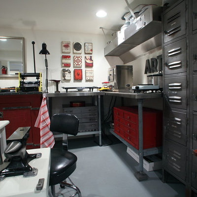 Home studio - huge industrial freestanding desk concrete floor home studio idea in Portland with white walls and no fireplace