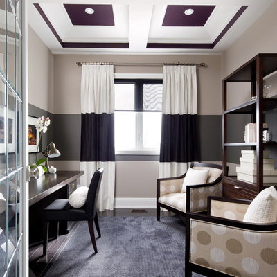 Example of a transitional freestanding desk dark wood floor home office design in Toronto with gray walls