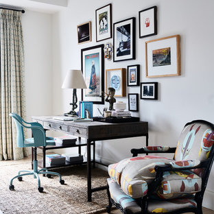 Design ideas for a transitional study room in Melbourne with white walls, light hardwood floors, a freestanding desk and brown floor.