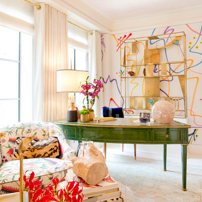 Inspiration for an eclectic freestanding desk study room remodel in New York with multicolored walls