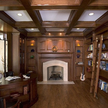 Knotty Alder Library with Built In Bookcases, Fireplace and Beams