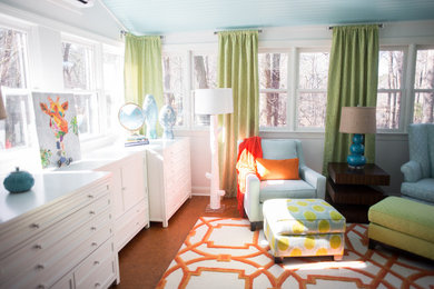 Mid-sized elegant freestanding desk cork floor home office photo in Atlanta with white walls