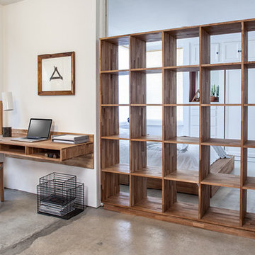 LAXseries Wall Mounted Desk, 5x5 Bookcase, LB Dresser, and Storage Bed