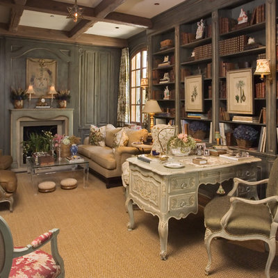 Inspiration for a timeless freestanding desk dark wood floor home office remodel in Other with a standard fireplace