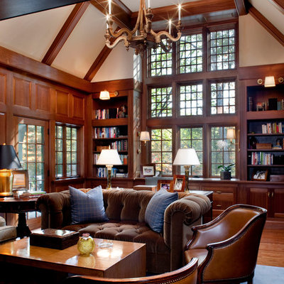 Home office - traditional freestanding desk dark wood floor home office idea in Boston