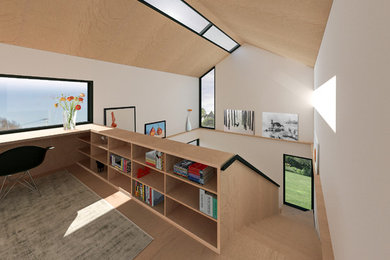 Design ideas for a medium sized contemporary home studio in Wellington with white walls, plywood flooring, a built-in desk and brown floors.