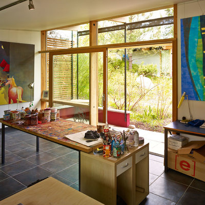 Home studio - contemporary freestanding desk home studio idea in Vancouver with white walls