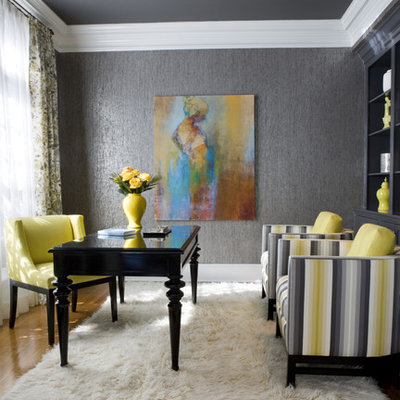 Home office - mid-sized contemporary freestanding desk medium tone wood floor home office idea in DC Metro with gray walls