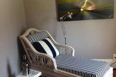 Home office - contemporary dark wood floor home office idea in Philadelphia with gray walls