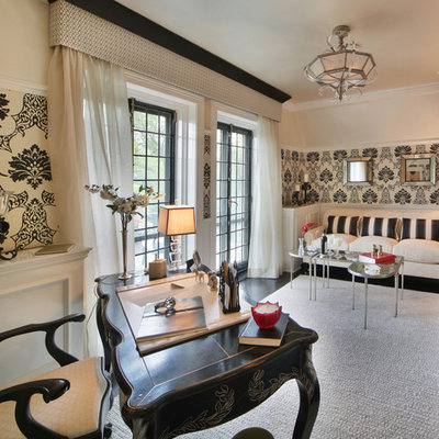 Study room - large contemporary freestanding desk dark wood floor study room idea in New York with beige walls