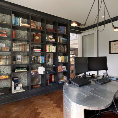 Study room - mid-sized industrial freestanding desk medium tone wood floor study room idea in New York with white walls and no fireplace