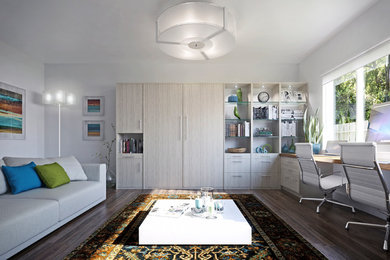 Inspiration pour un petit bureau design avec un mur gris, sol en stratifié, un bureau indépendant et un sol marron.