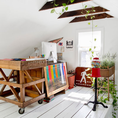 Study room - eclectic freestanding desk painted wood floor study room idea in Providence with white walls
