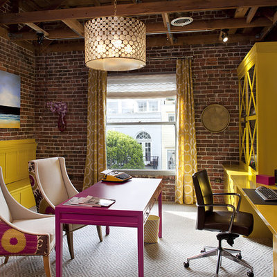 Inspiration for a contemporary built-in desk carpeted and beige floor home office remodel in San Francisco