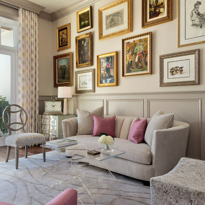 Inspiration for a large transitional medium tone wood floor and brown floor study room remodel in Miami with beige walls